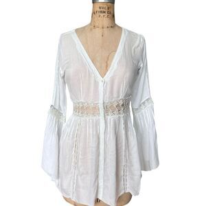KASAI White Rayon Lace Trim Button-Down Blouse Size 2